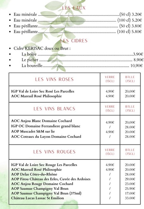Cartes des boissons du restaurant de la Courillère en Vendée