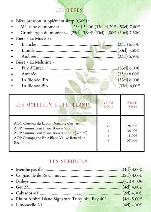 Cartes des boissons de la crêperie de la Courillère