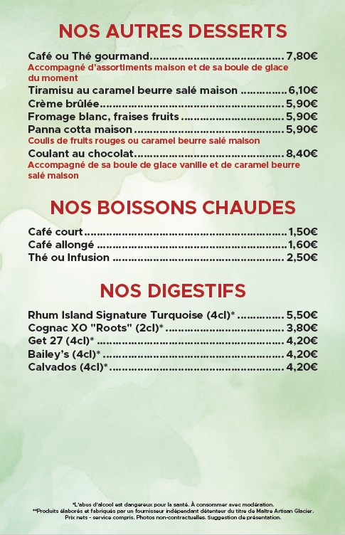 Cartes des desserts de la crêperie de la Courillère au Boupère en Vendée