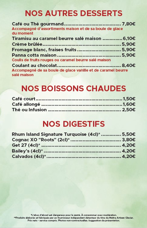 Cartes des desserts de le Restaurant de la Courillère au Boupère en Vendée