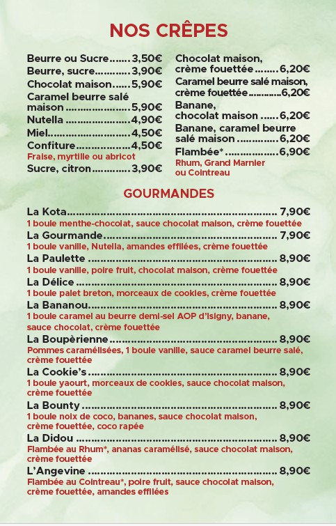 Cartes des desserts de la crêperie de la Courillère