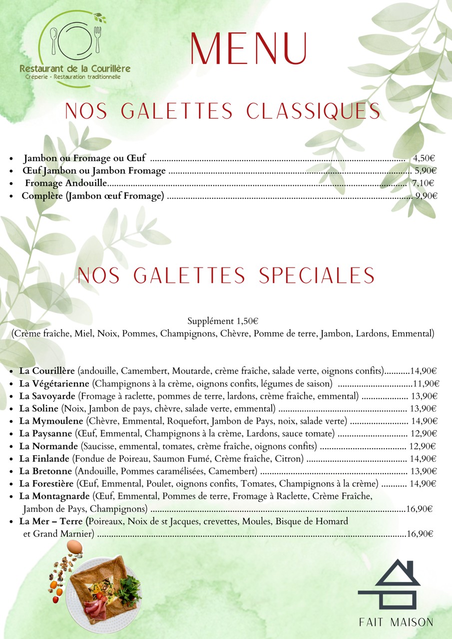 Menu et cartes des galettes du crêperie de la Courillère